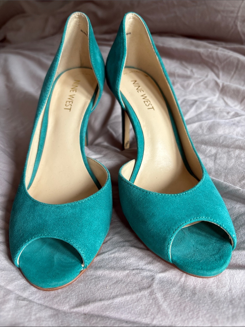 Nine West Size 6M 3.5” Peep-Toe Suede Heels - Turquoise
